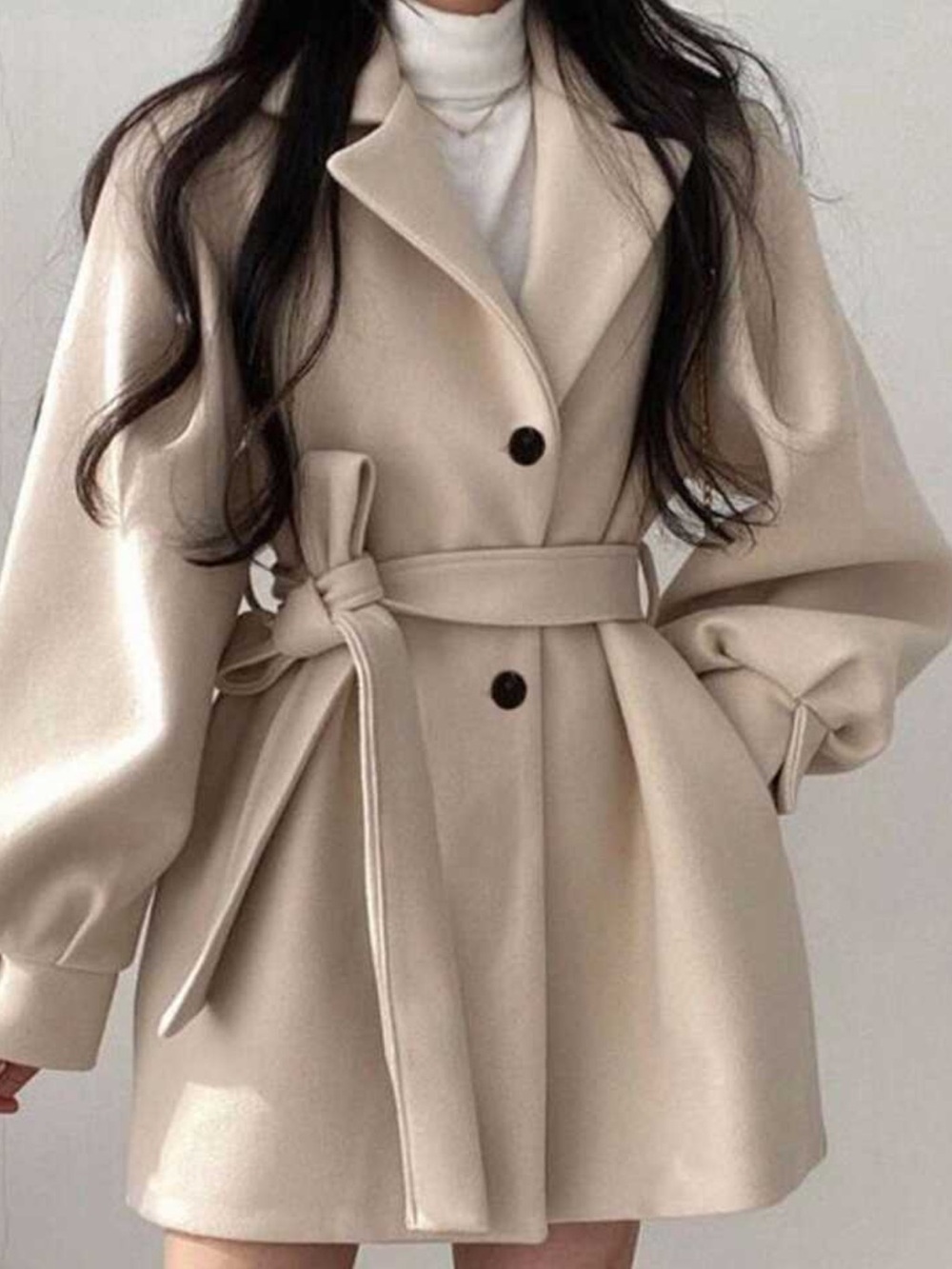 New Elegant Tie-Up Long Sleeve Women Long Jacket Office Everyday Beige